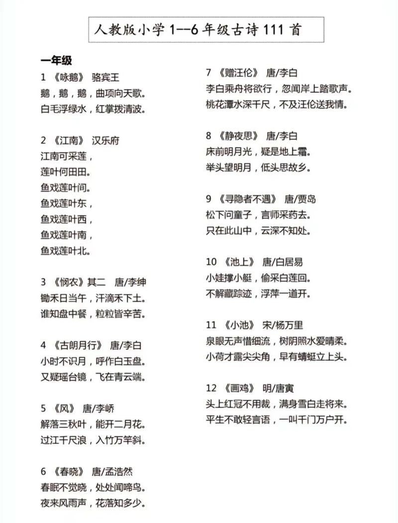 小学1到6年级必背古诗词