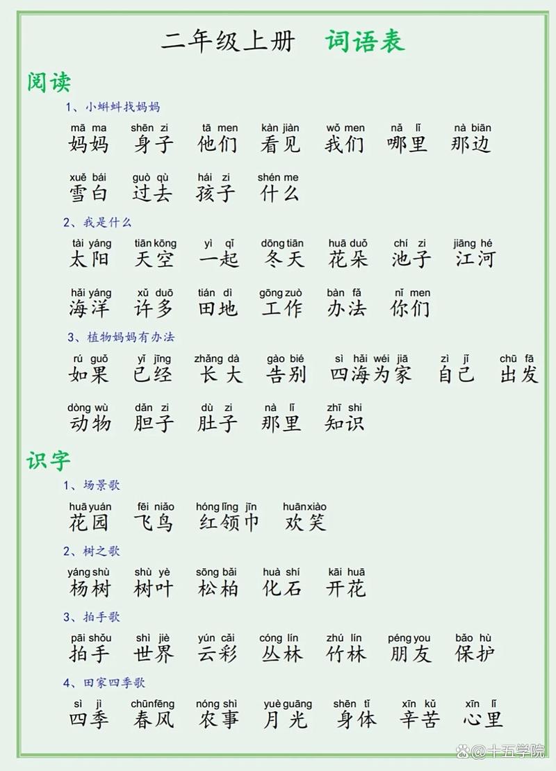 小学二年级语文上册词语表