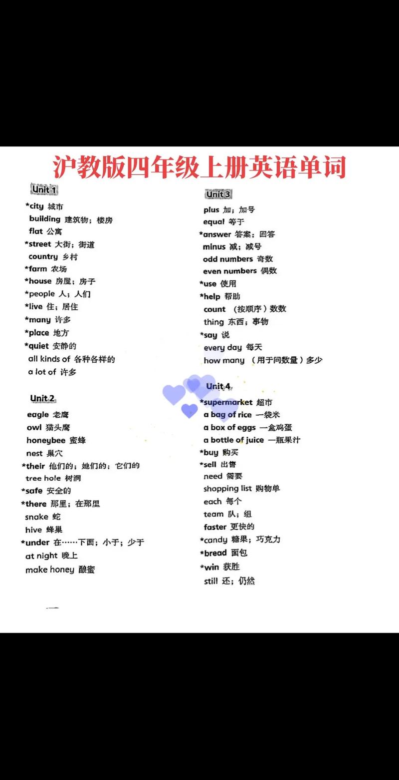小学四年级英语单词表上册