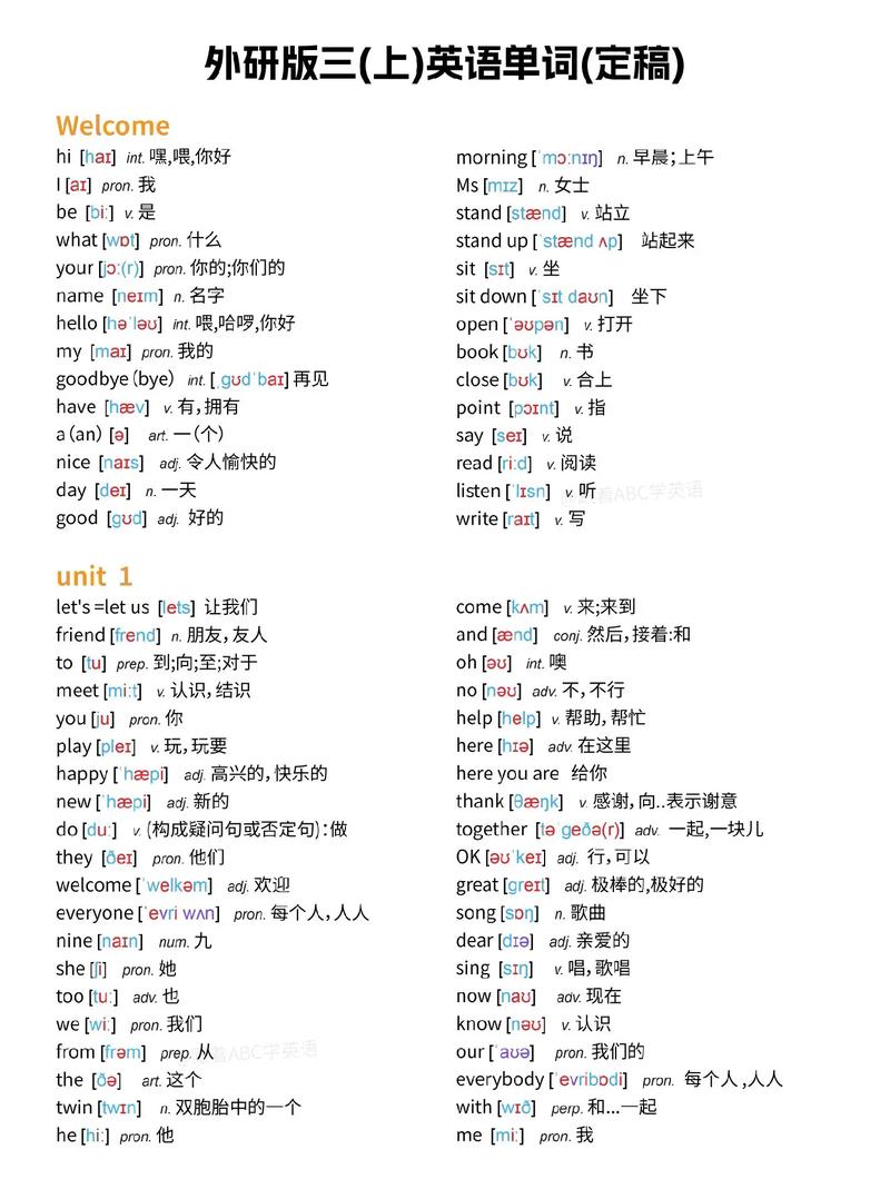 小学英语三年级上册单词表