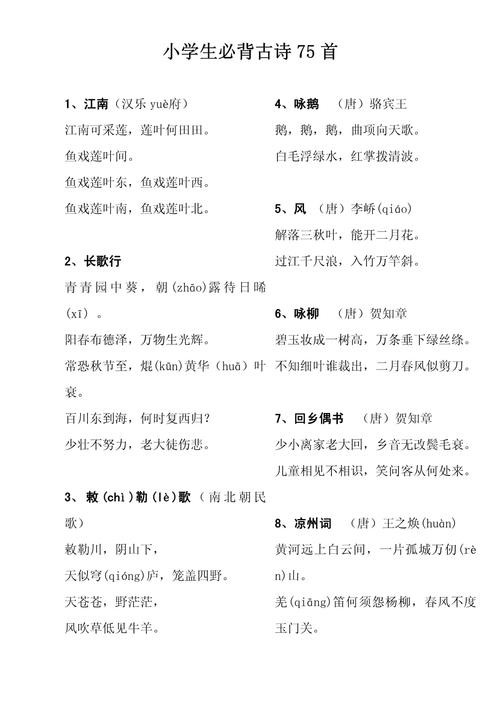 75首小学必背古诗目录