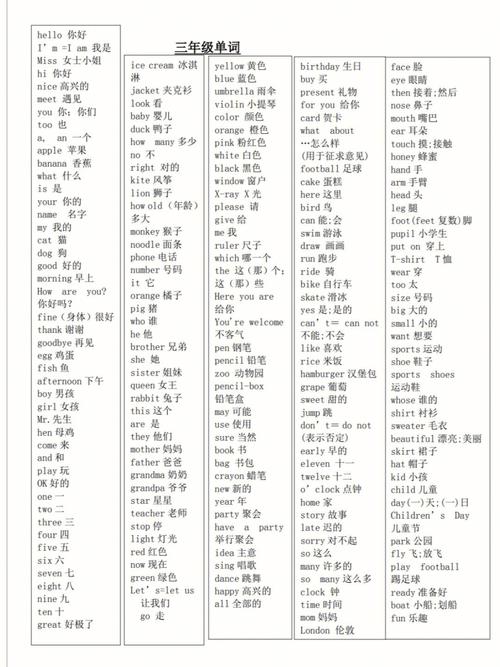小学三到六年级英语单词