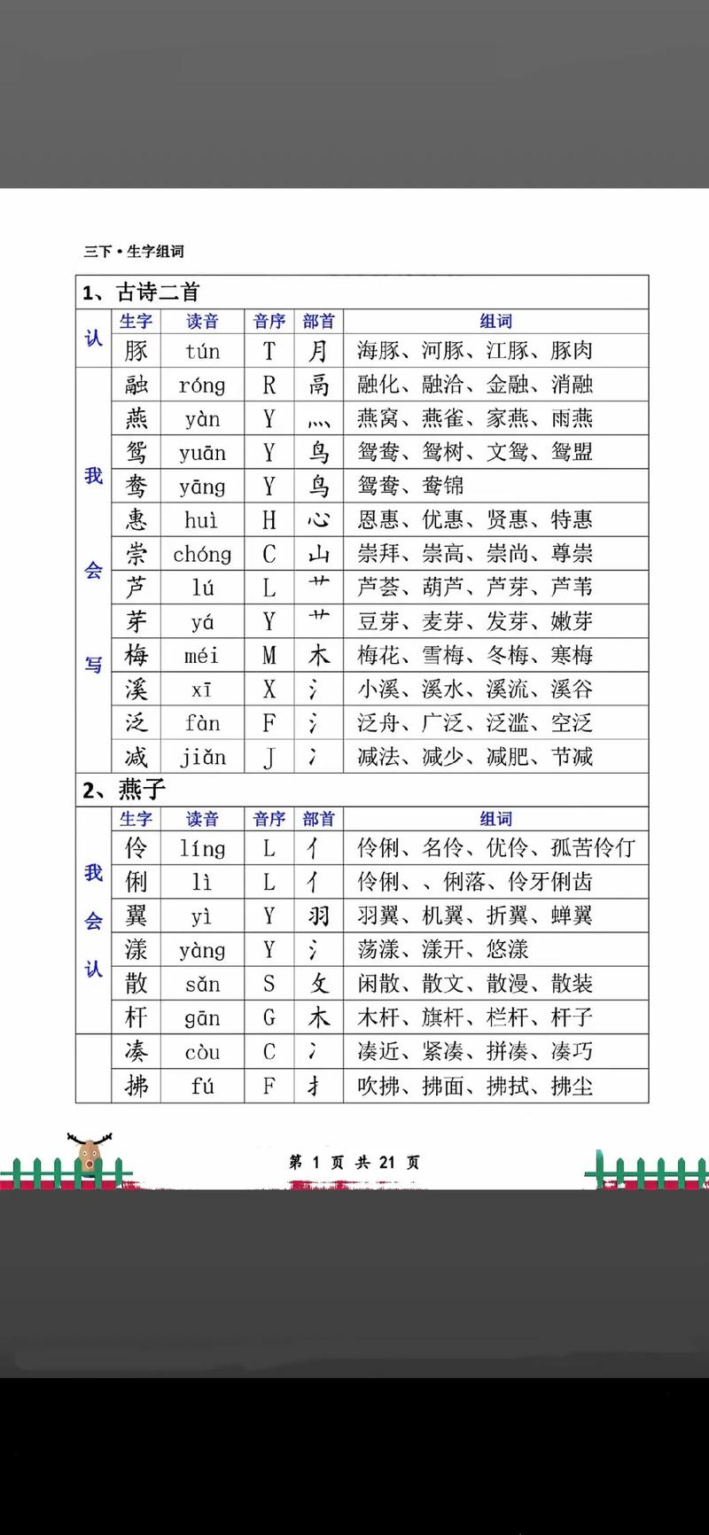 小学语文三年级下册生字