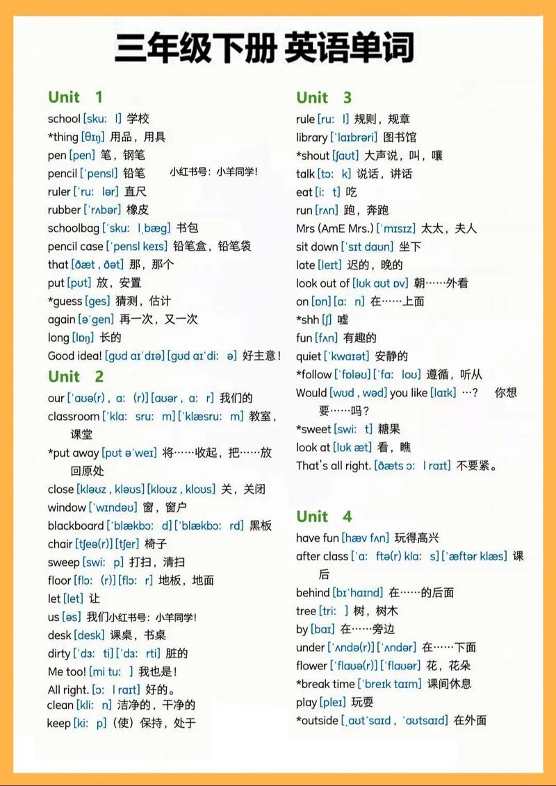 小学英语3年级下册单词