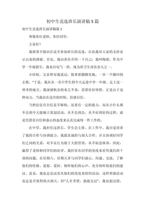 班长竞选稿初中800字