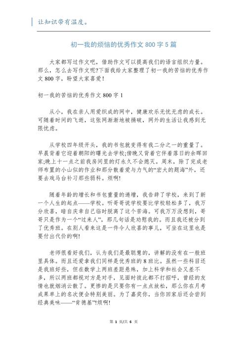 初中的烦恼800字作文