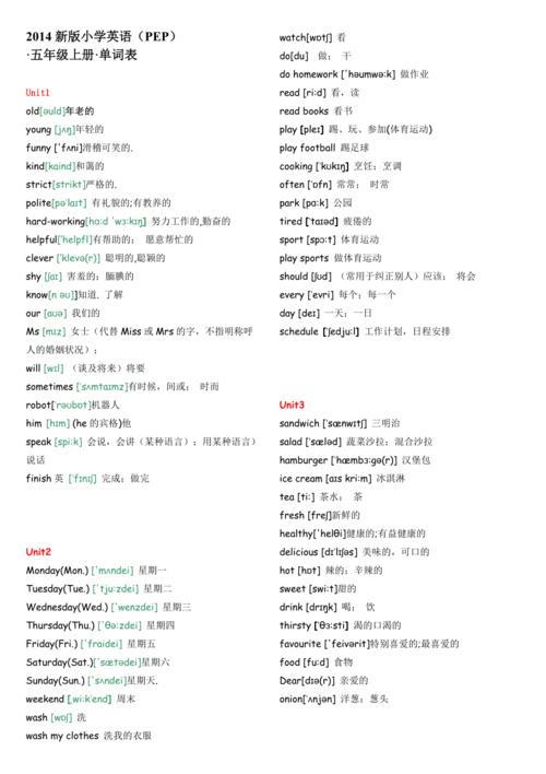 小学英语五年级上册单词