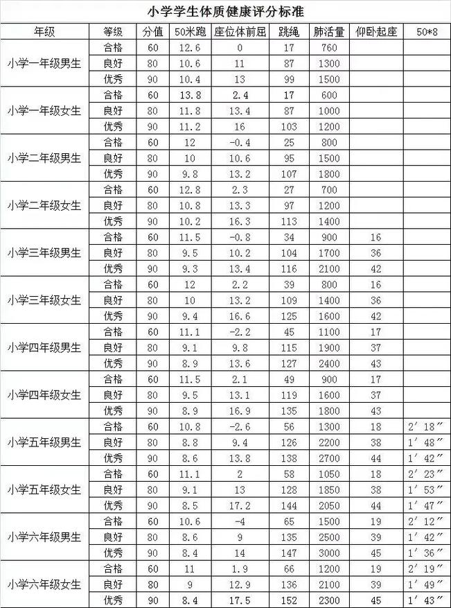 小学生体质健康测试标准